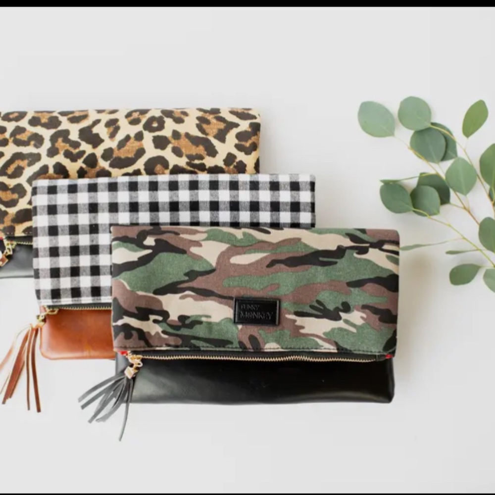 Fold Over Clutch Black Vegan Leather & Camouflage Print